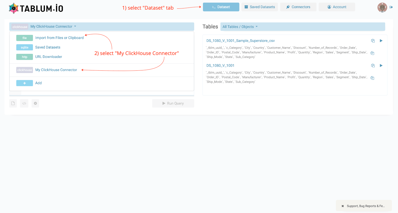 Выбор коннектора ClickHouse в TABLUM.IO